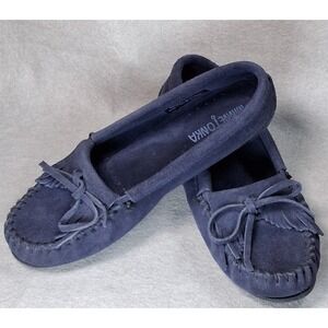 Minnetonka Women's Kilty Suede Moccasins Size 8.5 Storm Blue Navy Loafers 409T